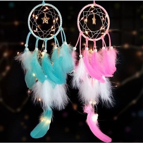 Girl Heart Dream Catcher National Feather Ornaments Lace Ribbons Feathers Wrapped Lights Girls Room Decor Dreamcatcher