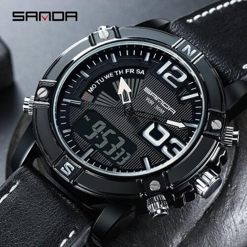 Mens Waterproof Electronic Watches SANDA 773 Top Brand Men Leather Sports Quartz LED Digital Clock 2020