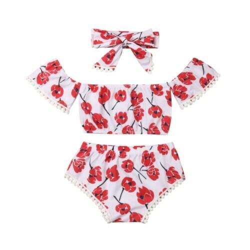 Baby Clothes Newborn Infant Baby Girl Floral Off Shoulder Tops Pants Headband Outfit 0-24M