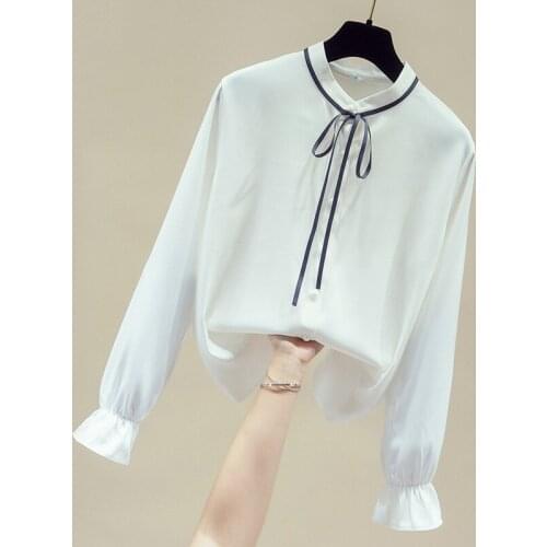 Long Sleeve Office White Blouse Shirt Blouse Women Blusas Mujer De Moda 2021 Stand Collar Chiffon Blouse Tops Women Blusa D787