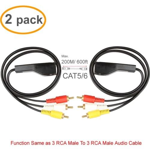 200M 3RCA Extender 2 Pack 3 RCA to RJ45 Balun Component Video and Audio Extender Over Cat5/6 Up to 600ft/200M