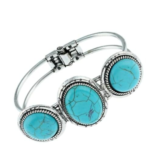 Silver Plated Alloy Stackable Oval Shape Green Turquoises Stone Bangle for Women Charm Jewelry