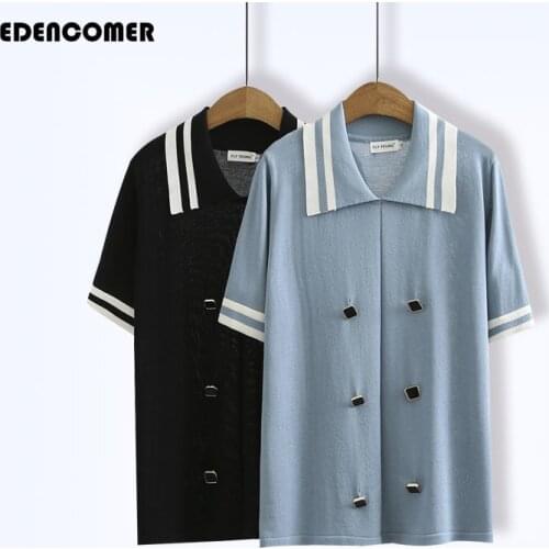 Plus Size Womens Summer Korean Loose Striped Lapel Knit Short-sleeved Shirts Top 2021 Office Lady short sleeve Blouse Women