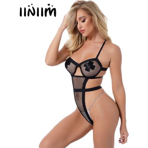 Sexy Womens Lingerie Nightwear See-through Mesh High Cut Bodysuit Adjustable Straps Hollow Out Fishnet Underwire Cup Leotard