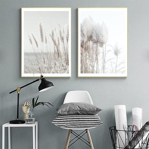 Grey Simple Style Canvas Painting Natural Poster Reed grass Decor Picture Modern Wall Art Paintings for Living Room Home Decor