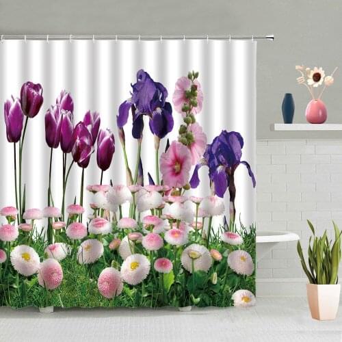 Color Flowers Shower Curtain Green Leaves Plant Floral Spring Scenery Bathroom Curtains Machine Washable Hanging With Hooks Set