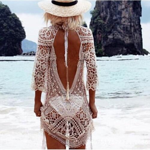 Crochet Swimwear Cover Up Women White Lace Tunic Beach Dress Bohemian Backless Bathing Suit Bikini Swimming Beach Wear White New