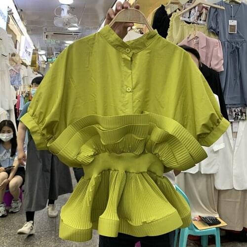 Korean Blouse Female Fashion 2021 Summer New Tide White Patchwork Pleated Ruffle Short Sleeve Shirt Women Stand Collar Tops