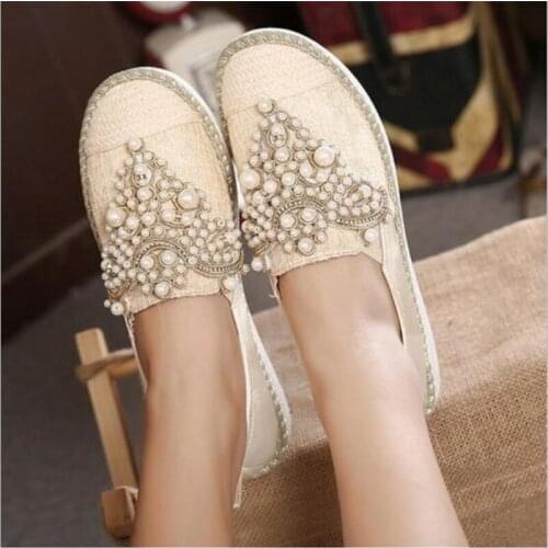 2019 Spring Autumn Women Loafer Round Toe Espadrilles Pearl Comfortable Hemp Bottom Women Shoes Slip On Zapato Mujer