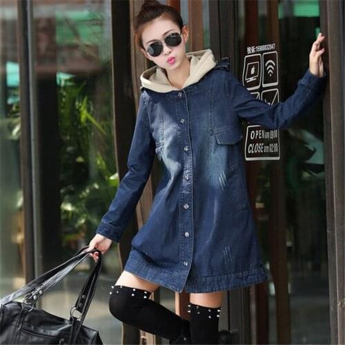 Women Denim Trench Coat 2019 Spring Autumn New Hooded Outwear Fashion Loose Long Pockets Denim Casual Overcoat Plus Size 5XL