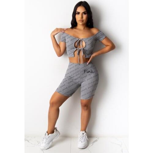 2021 New Arrival Fashion 2 pcs Tracksuits Women Set Letters Bandage Slash Neck Short Tops and Shorts Summer Elastic Outfits