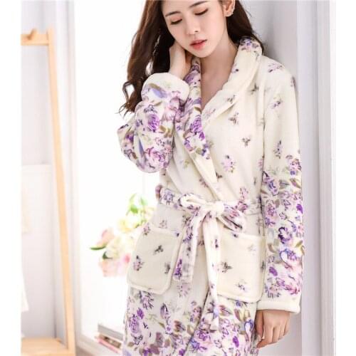 Ladies Thick Flannel Gown Bathrobe Adult Autumn and Winter Long Sleeved Coral Fleece Pajamas Cute Sexy Female Homewear B-5979