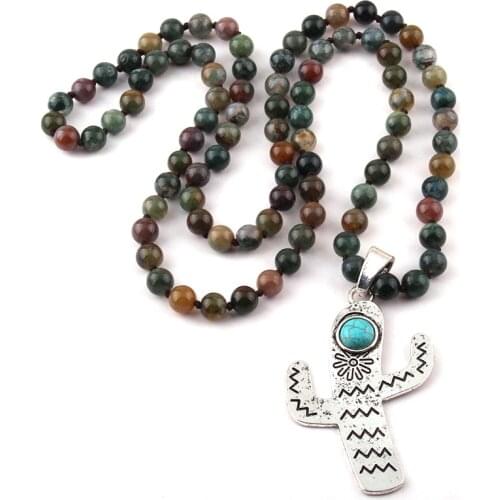 Free Shipping Bohemian Jewelry long knotted Halsband Cactus Charm Pendant Necklace For Women Statement Necklaces