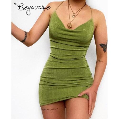 Beyouare Summer Womens Dress V Neck Spaghetti Strap Cross Backless Sleeveless Slim Bodycon Mini Dresses Club Party Streetwear