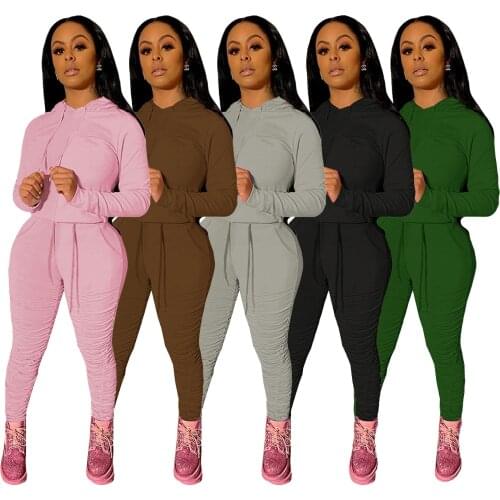 6Y395 Autumn Winter Women Casual Fashion Solid Skinny with Hood Sports Two Piece Set Top and Pants Tracksuit Sweatsuit Outfits
