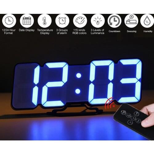 Remote Control Digital Wall Clock 115 Colors LED Table Clock Sound Control Desk Alarm Clock Show Time Temperature Date Humidity