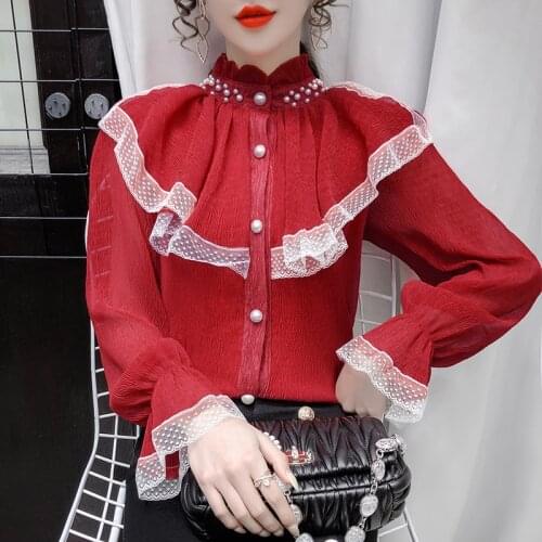 Womens Retro Beading Ruffles Stand Collar Shirts Long Sleeve Palace Gothic Lady Lace Trim Elegant Shirts Blouse Ropa De Mujer