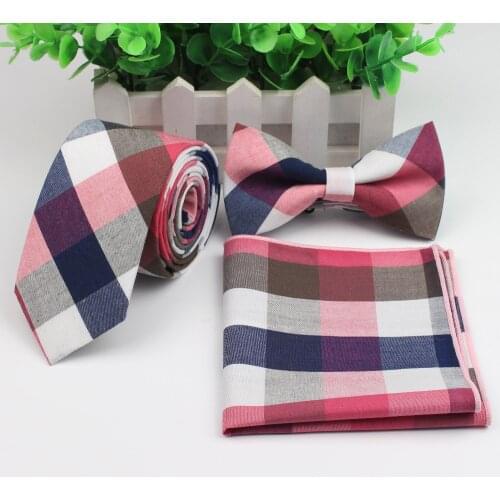 Cotton Neck Tie Set For Men Slim Necktie Strip Tartan Hankerchief Bowtie Set Papillon Wedding Cravat Butterfly Corbatas