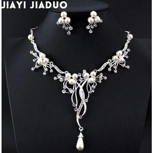 Jiayijiaduo Imitation Pearls Bridal Jewelry Sets for Women Silver Color Rhinestone Necklace Earring Wedding