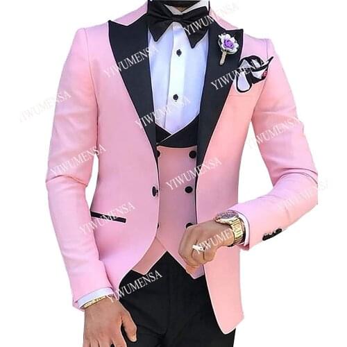 YIWUMENSA Black Pecked Lapel Pink Men Suits For Wedding Tailor-Made Slim Fit Groom Wear Prom Party Formal Blazer 3 Pcs Tuxedos