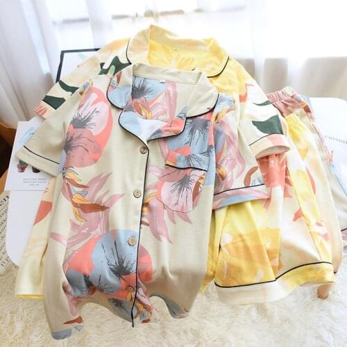 Summer Women Pajamas Set Knit Cotton Short Sleeve Sleepwear with Shorts Thin Loose Womens Fashion Cardigan Casual Home Wear