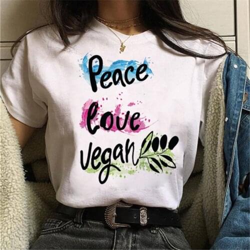 Maycaur Fashion Women T Shirt Peace Love Vegan Print Tshirt Harajuku Ulzzang Tops Tee Cartoon Cute Female Graphic T-shirts