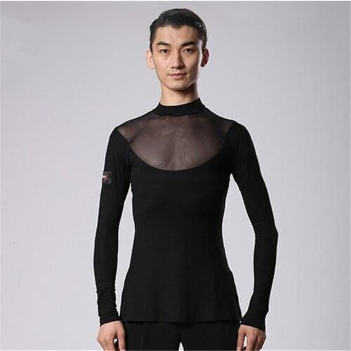 MenS Black High Neck Professional Latin Dance Tops Ballroom Dance Practice Clothes Long Sleeves mesh Adult Flamenco Shirt
