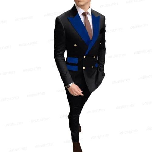 Golden Buttons Men Wedding Suits Black Fashion Blue Velvet Lapel Business Blazer Pants 2 Pieces Set Slim Fit Groom Dress Tuxedo