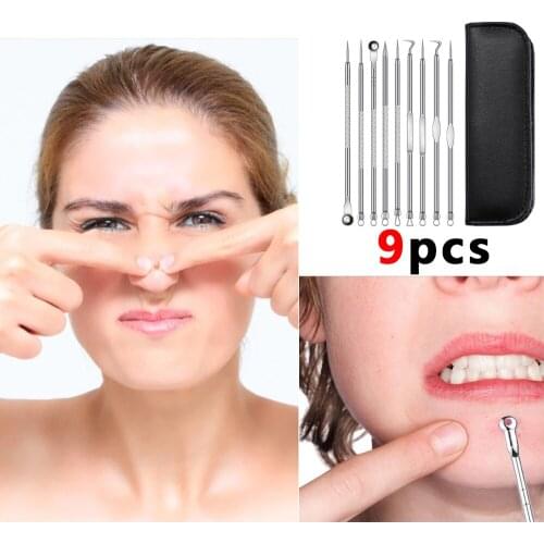 New Boxed 9Pcs BlackHead Remover Acne Needles Metal Spoon Facial Black Spots Pore Clean Extractor Set For Pimple Skin Face Care