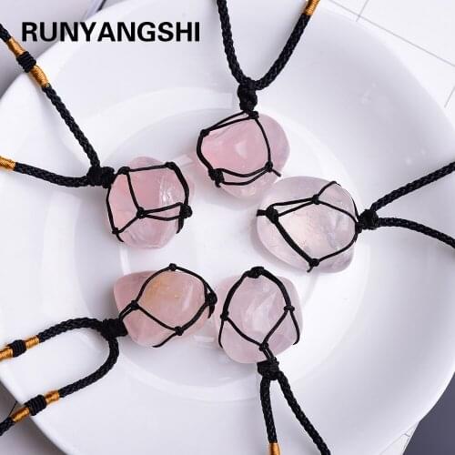 Wholesale Hand woven net pocket Rose Quartzs Irregular Natural Stone Pendants DIY for Necklace or Jewelry Making