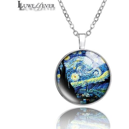 Painting Necklace 555 25mm Bronze 30mm Wood Rhinestone Double-sided Moon Round Glass Pendant For Women Gift
