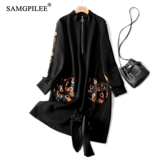 Dresses For Women 2020 New Office Lady A-line Print Full Pockets Korean Fashion Clothing Empire O-neck Winter Dress Woman 4XL