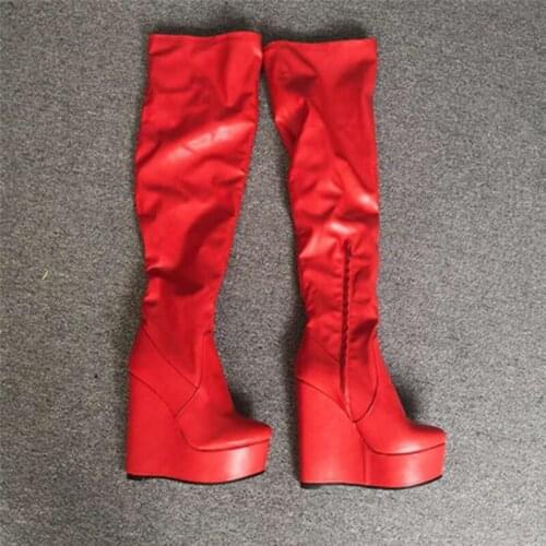 Real Photo Red Knee High Boots Western Cowboy Boots for Women Long Winter Boots Pointed Toe Cowgirl wedges Motorcycle Boots Shoe