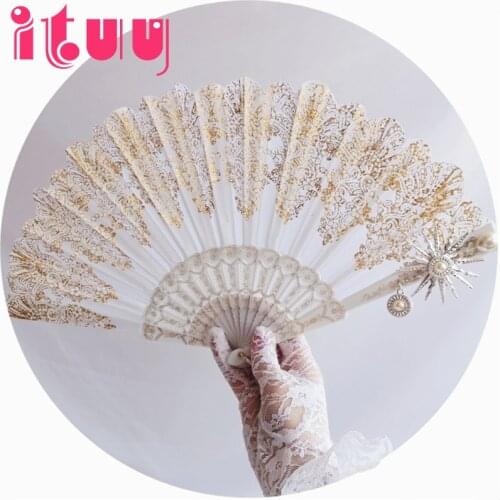Handmade Gold Stamping Sun Folding Fan Dark Harajuku Lolita Cosplay Stage Show Photobooth Prop Gothic Hand Fan