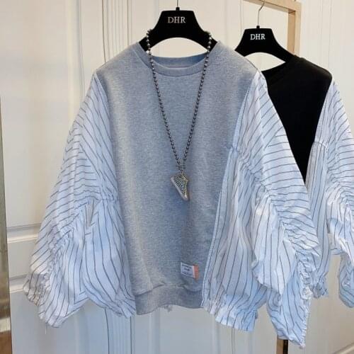 Korean Stripe Hit Color Patchwork Sweatshirt Causal O-neck Batwing Long Sleeve Hoodies Top 2021 New Women Jumper