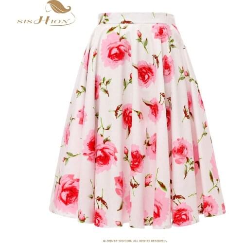 SISHION 100% Cotton Summer Skirts Womens SP0677 White Rose Floral Print 50s 60s Vintage Swing Summer Skirt Plus Size