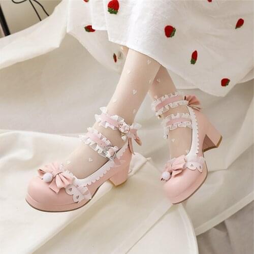 COOLULU Lolita High Heels Ankle Strap Women Shoes Buckle Platform Thick Heel Pumps Sweet Bow Ladies Footwear Beige Plus Size 48