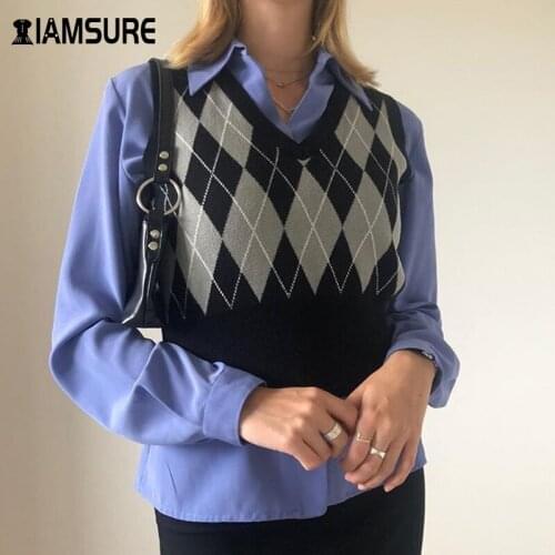 IAMSURE Y2K Argyle Plaid Sweater Vest Women V Neck Vintage Sleeveless Knitted Crop Sweaters Casual Autumn 90s Tops Preppy Style