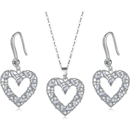 Korean White Gold Plated Heart Shape Pendant Chain Necklace Love Heart Hook Earrings Sets For Women Wedding Bridal Jewelry Sets