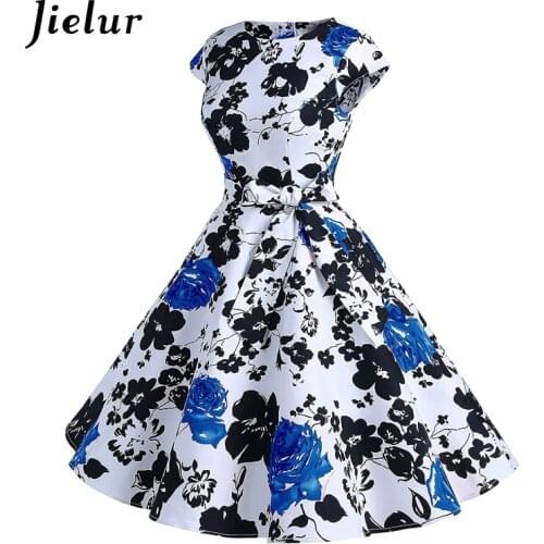 Jielur Flowers Printed Bow Lace-up Short Sleeve Womens Dress Chic Charming O-neck Lady Summer Dresses Cotton S-XXL Vestidos