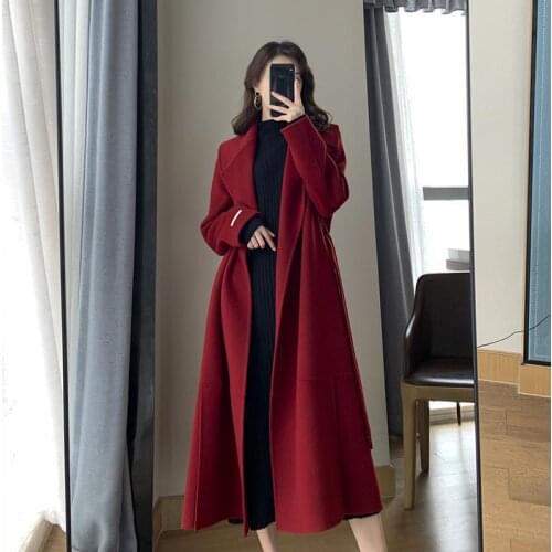 European American Winter Cashmere Coat Women 2021 New England Style Loose Casual Long Woolen Trench Belt Womens Coat