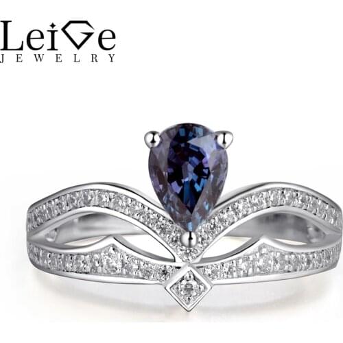 Leige Jewelry Pear Cut Alexandrite Ring 925 Sterling Silver Engagement Promise Crown Rings for Women Gemstone Jewelry