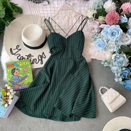 2021 New Summer Women Sexy V-neck Backless Spaghetti Strap Dress Fashion Striped Slim A-line Robe Ladies Sandy Beach Clothes