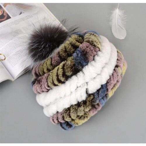 Winter Russian Natural Rex Rabbit Fur Hat Women Elasitc Warm Soft Handmade Knitted Real Fur Caps Fox Fur Pompoms Beanies Hats