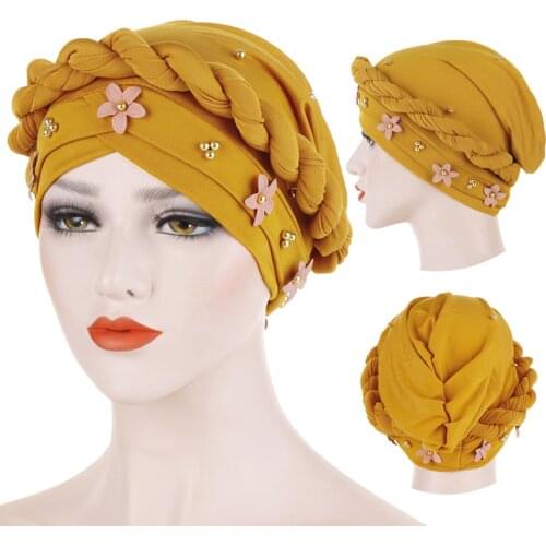 Gold beads women head scarf twist flowers Inner hijabs cap solid cotton muslim islamic turban bonnet Arab wrap hijab accessories