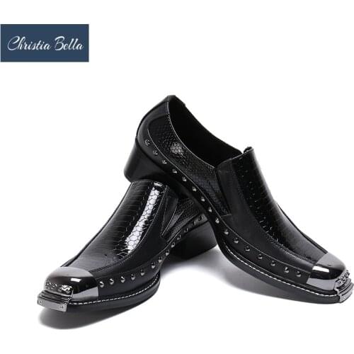 Christia Bella Fashion Snake Skin Genuine Leather Men Business Shoes Plus Size Slip on Metal Square Toe Formal Dress Shoes