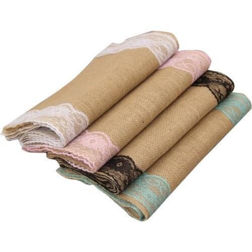 30X275cm Jute Lace Border Table Runners with 2 Side White Lace for Wedding Birthday Party, Hotel, Restaurant Decorates