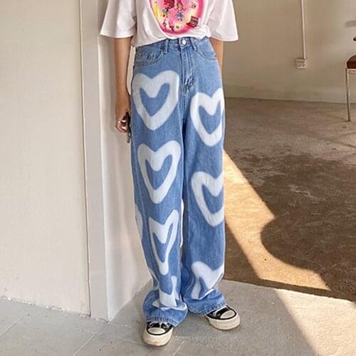Streetwear Heart Printed Jeans Woman 2021 High Waist Wide Leg Jeans For Women Plus Size Denim Pants Trousers Jean Femme