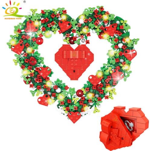HUIQIBAO 808pcs Valentines Heart Flower Model Building Blocks Cteative Ring Box City Bricks Set Children Toys Decoration Gift