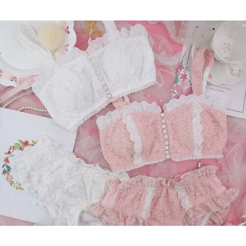 Japanese sweet soft girl lolita girl pure cotton princess curling wirefree underwear panties triangle cup bra set panty set